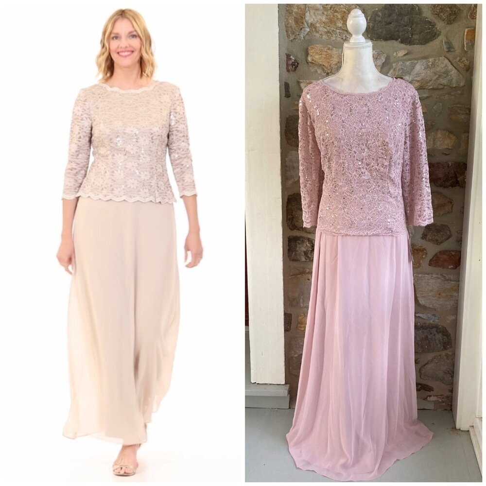 Elegant Blush Lace & Chiffon Evening Dress